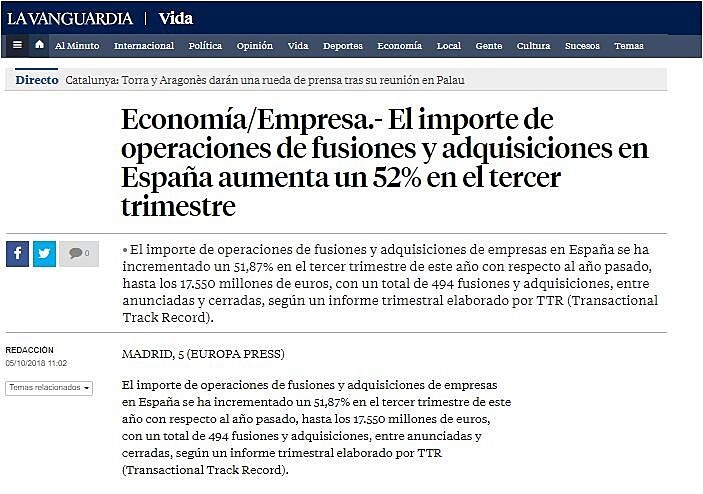 El importe de operaciones de fusiones y adquisiciones en Espaa aumenta un 52% en el tercer trimestre